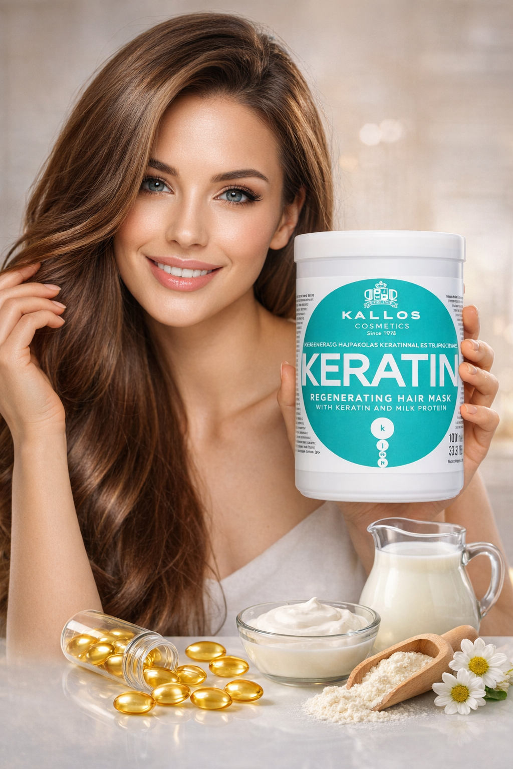 Kallos Keratin maska na vlasy s keratinem a mléčnými proteiny – modelka s dlouhými lesklými vlasy